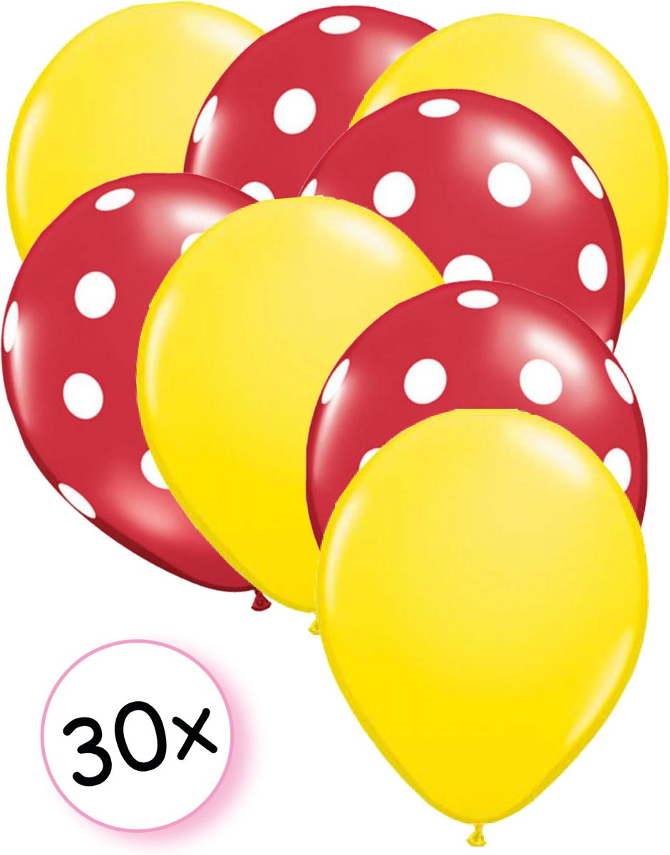 Ballonnen Geel & Dots Rood-Wit 30 stuks 27 cm